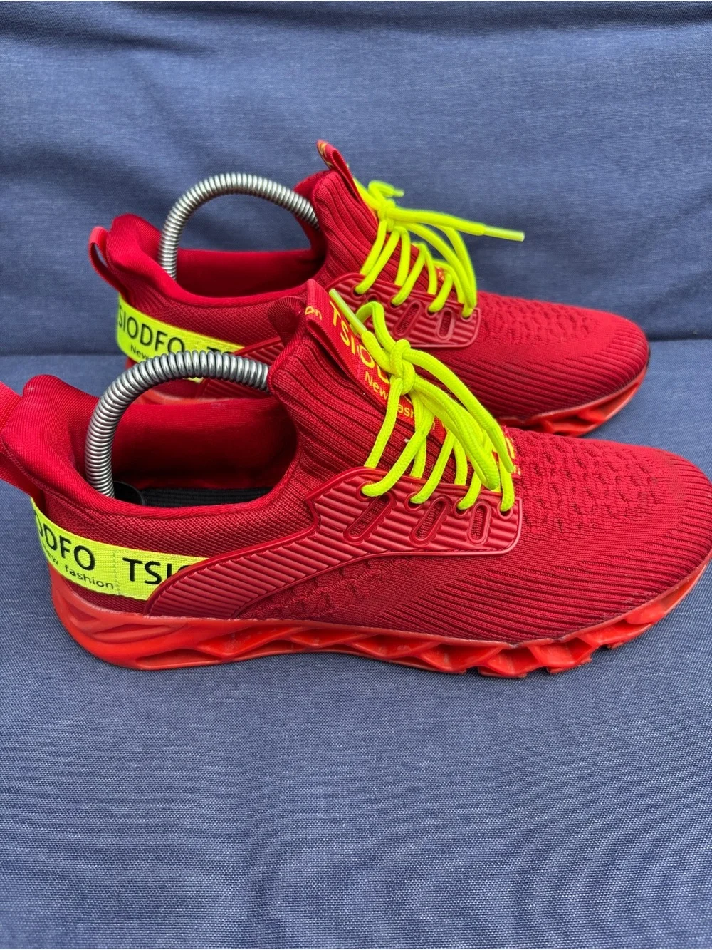 Women's Athletic Running Sneakers in Red with Neon Yellow Laces